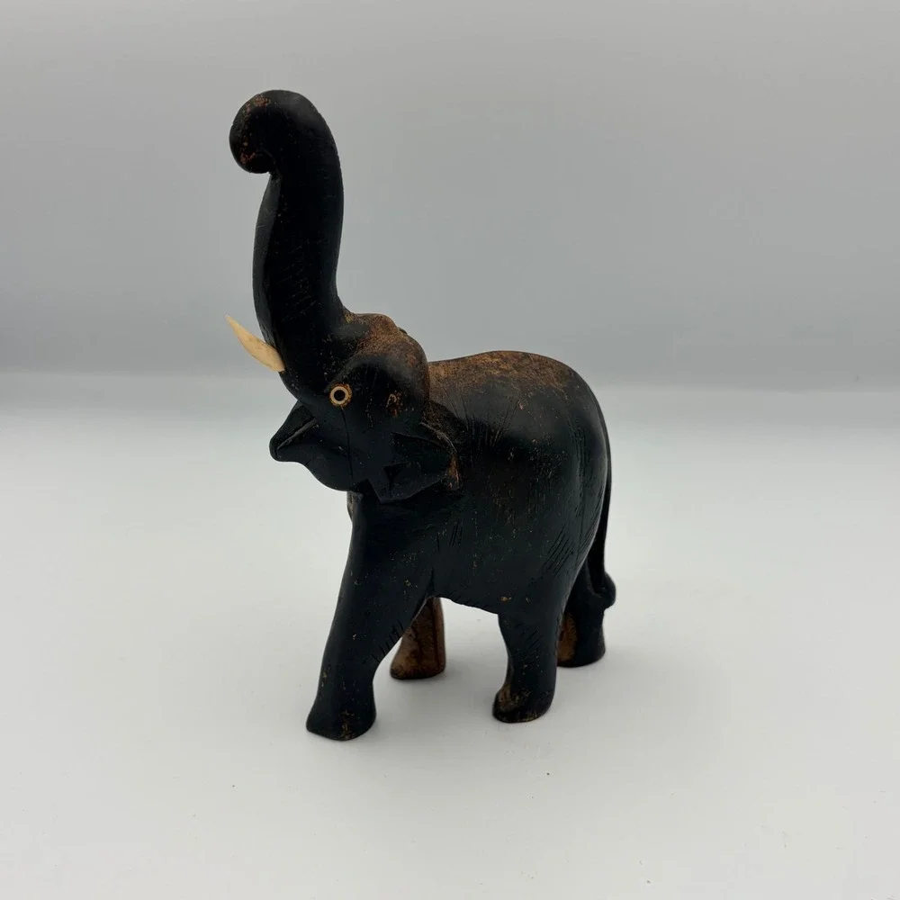 Hand Carved Wooden Elephant Figurine Trunk Up Lucky Charm‎ Decor